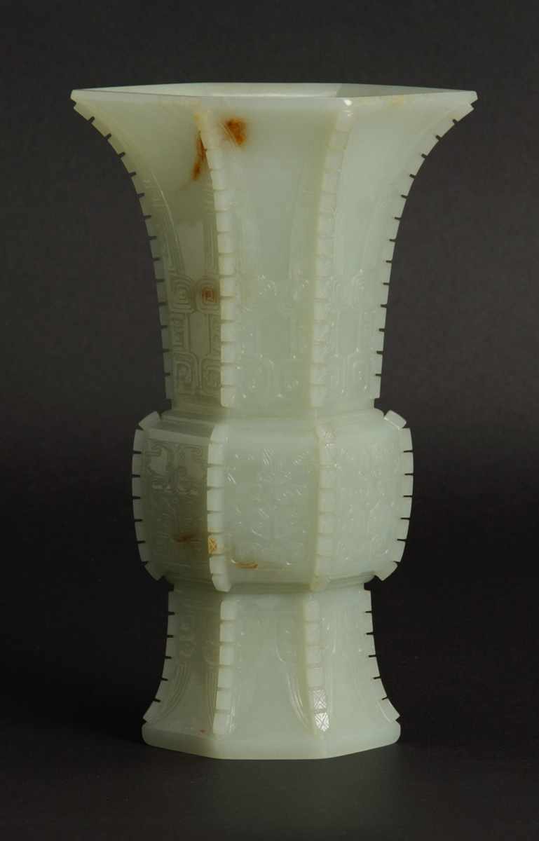 Appraisal: Fine Chinese Celadon Jade Gu Vase in Archaic Form Incised