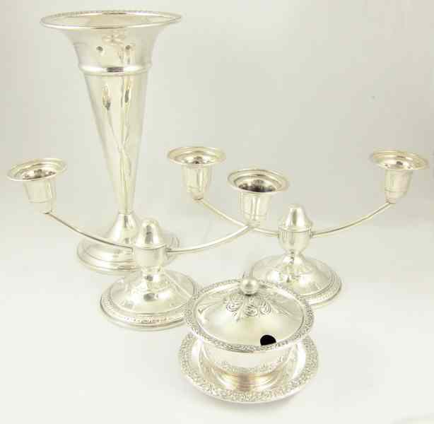 Appraisal: PAIR AMERICAN STERLING CANDELABRA A VASE AND COVERED MUSTARD SET