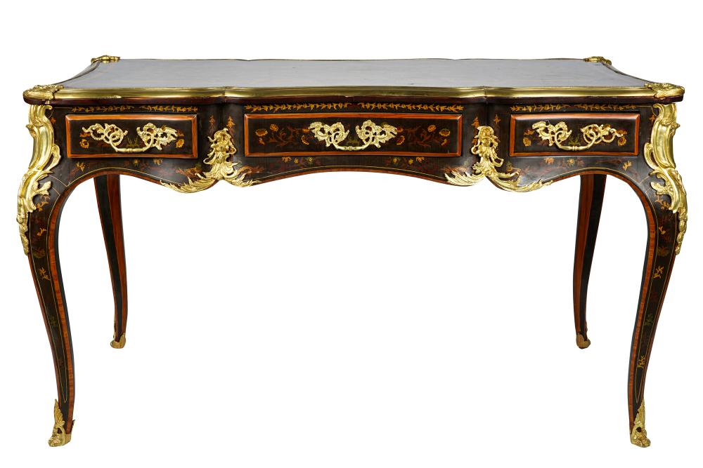 Appraisal: LOUIS XV STYLE MARQUETRY INLAID DESK th century with three