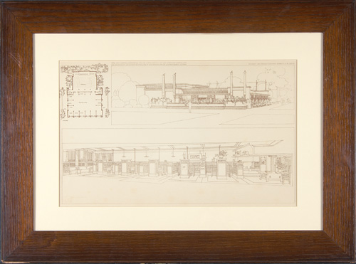 Appraisal: FRANK LLOYD WRIGHT Print depicting the exterior and one view