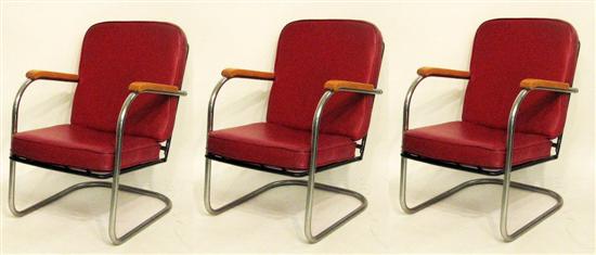 Appraisal: Three armchairs KEM Weber style red naugehyde chrome frame with