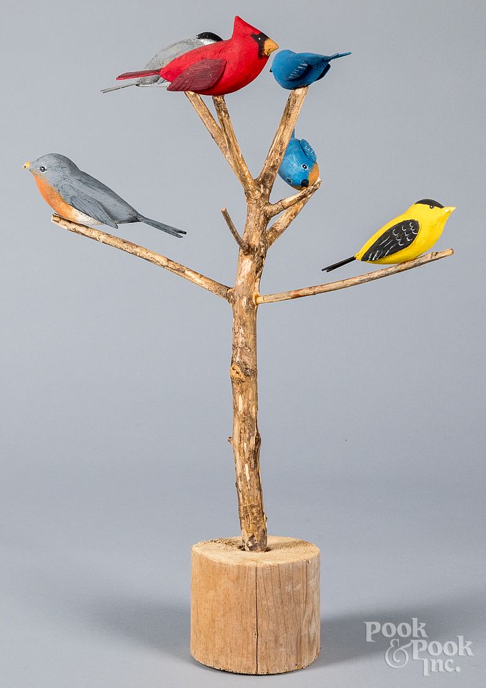 Appraisal: Walter Frey carved and painted bird tree Walter Frey carved