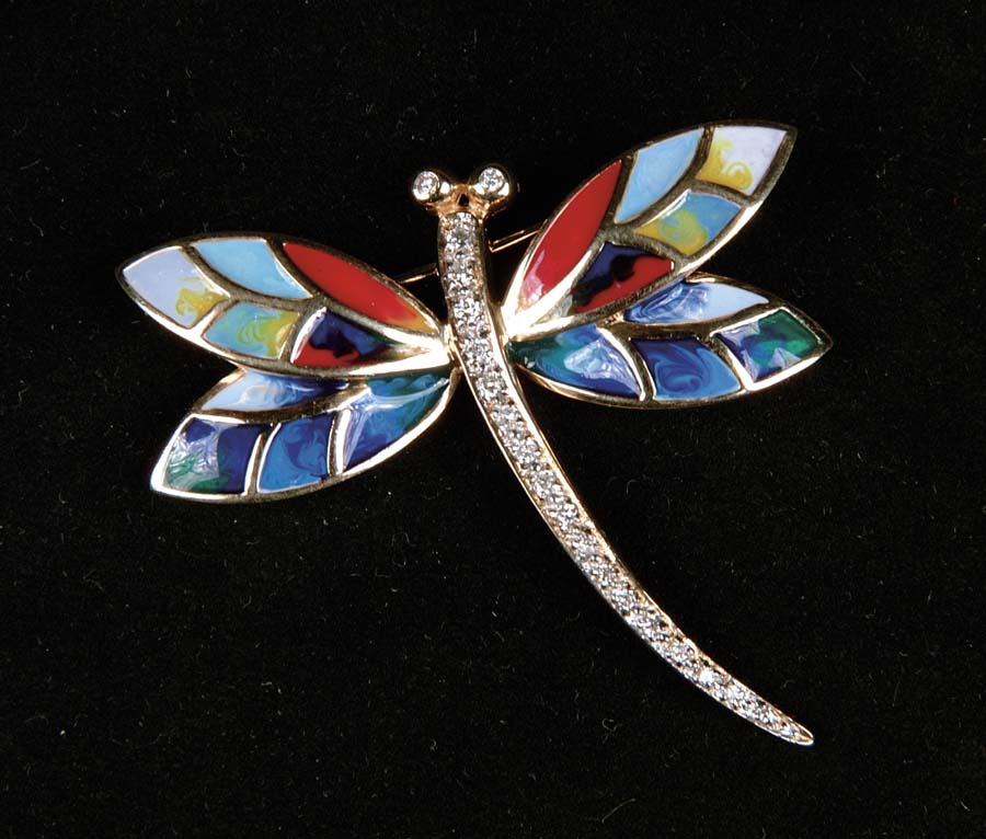 Appraisal: GOLD DIAMOND ENAMEL DRAGONFLY Very nice dragonfly brooch has long