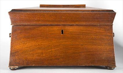 Appraisal: VICTORIAN MAHOGANY SARCOPHAGUS-FORM TEA CADDY The hinged top opening to