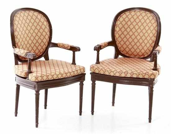 Appraisal: Pair Louis XVI style walnut fauteuils mid th century padded