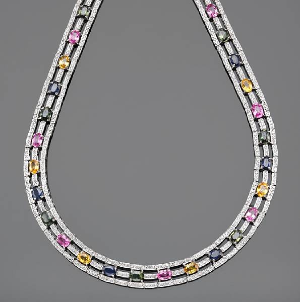 Appraisal: A multi-colored sapphire diamond and k white gold necklace estimated