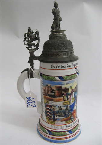 Appraisal: GERMAN PORCELAIN BEER STEIN liter dated - pewter figural top