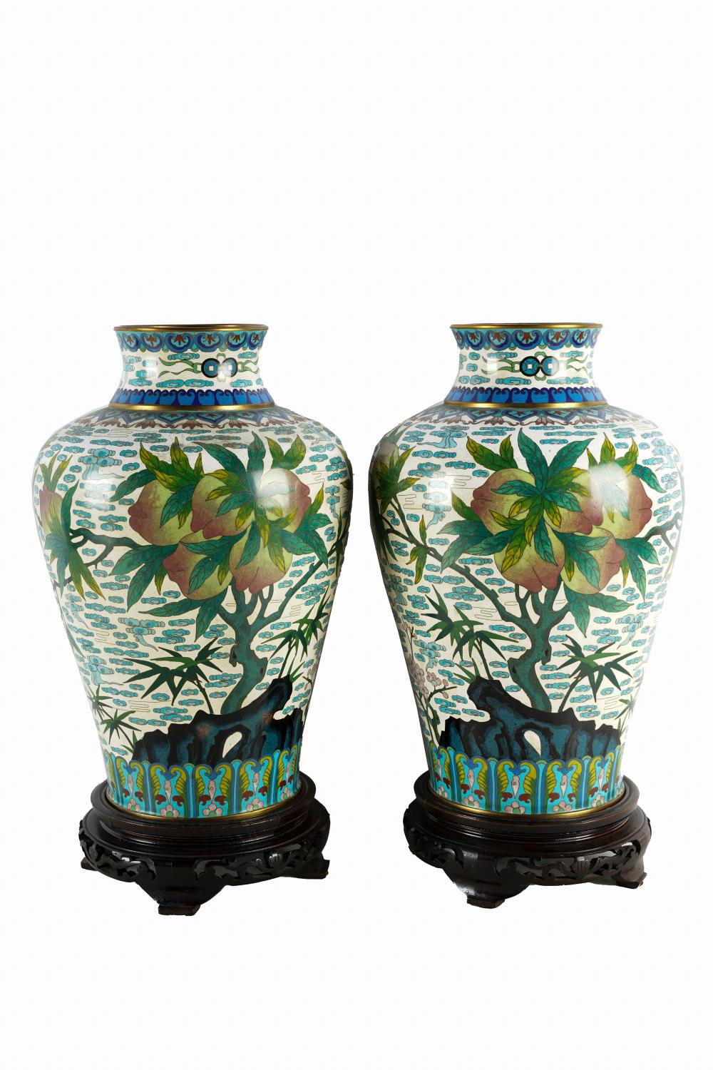 Appraisal: PAIR OF CLOISONNE VASESeach on wood bases each with bat