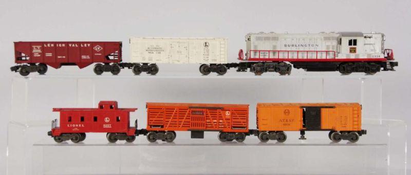 Appraisal: -Piece Lionel Burlington Freight Train Description Burlington Diesel engine Lehigh