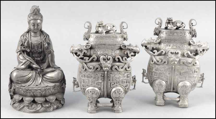 Appraisal: PAIR OF CHINESE SILVERED METAL COVERED URNS Together with a