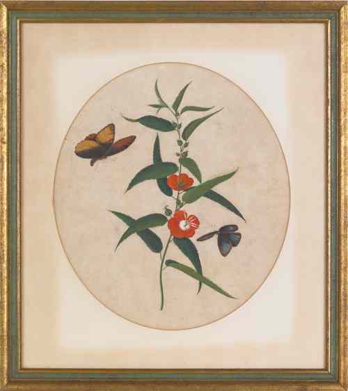 Appraisal: Two watercolor on paper paintings of butterflies and flowers early