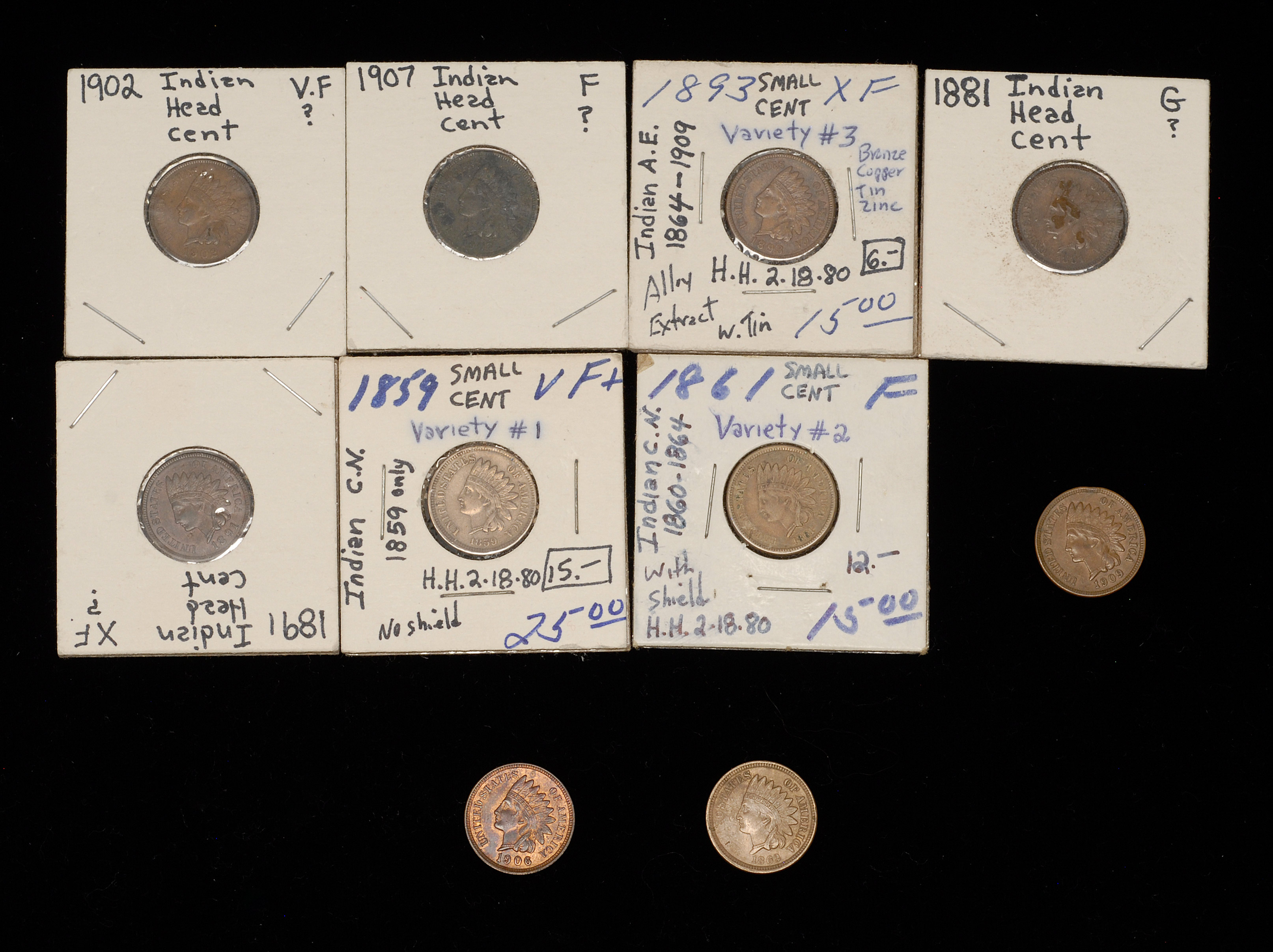 Appraisal: TEN U S INDIAN HEAD CENTS and Conditions vary