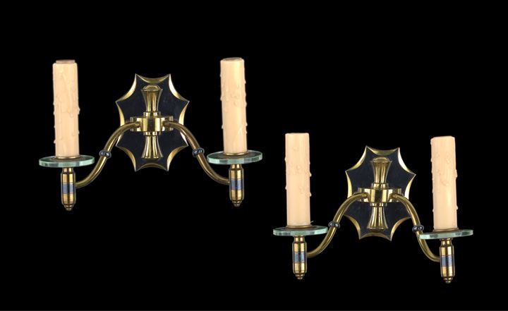 Appraisal: Pair of American Art Deco Hematite -Detailed Brass Two-Light Sconces