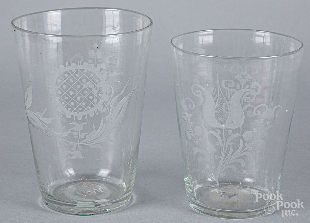 Appraisal: Two Stiegel type etched glass flips Two Stiegel type etched