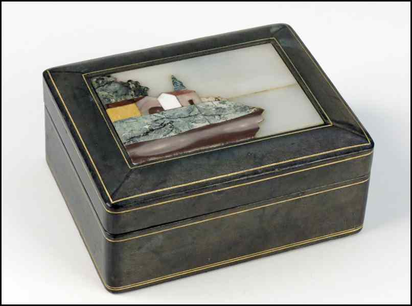 Appraisal: ITALIAN EMBOSSED LEATHER BOX With an inlaid pietra dura plaque