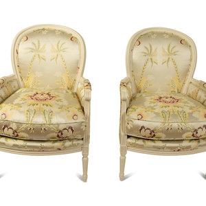 Appraisal: A Pair of Louis XVI Style White Painted Bergeres with