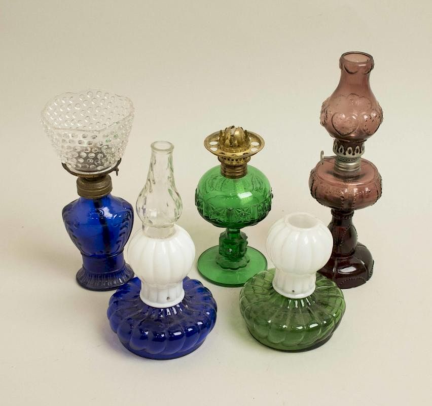 Appraisal: Five Assorted Oil Lamps Five assorted colored and clear glass