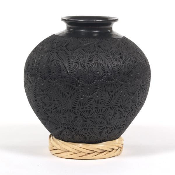 Appraisal: MATE ORTIZ CARVED BLACK POTTERY VASE ON STAND x Bulbous