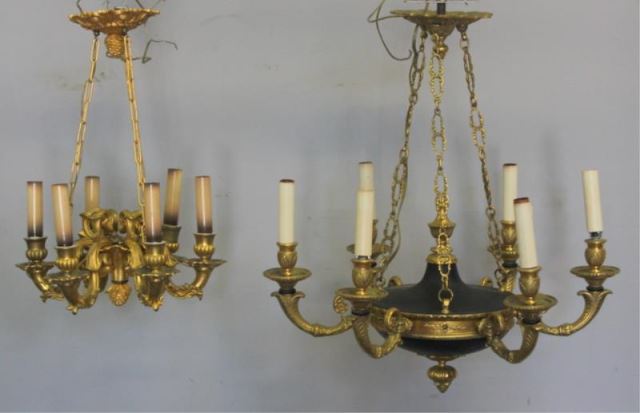 Appraisal: Two Bronze Chandeliers Empire style arm chandelier diam x h