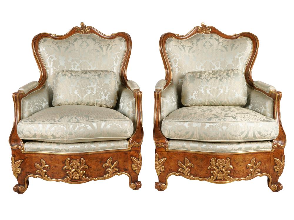 Appraisal: PAIR OF CHARLES POLLOCK GILTWOOD BERGEREScovered with pale green damask