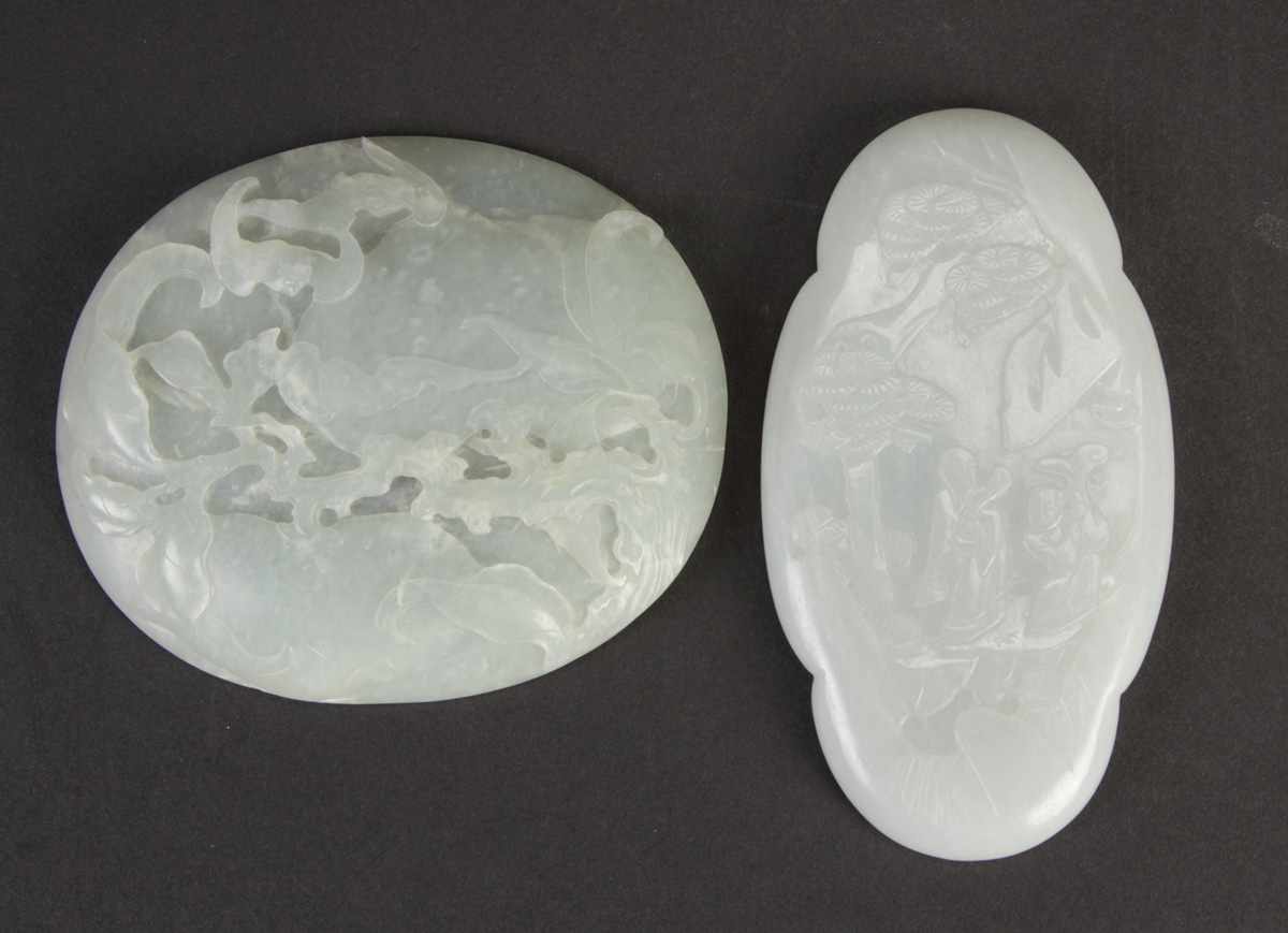 Appraisal: Chinese Carved White Jade Plaques th th cent Relief decoration