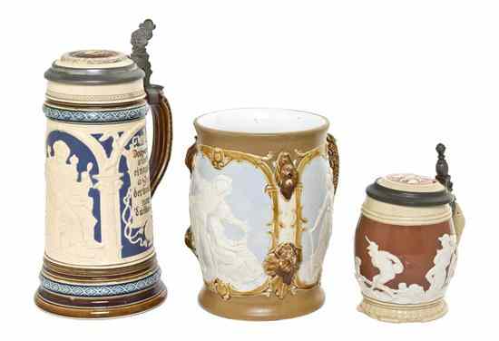 Appraisal: Three German Pottery Steins Villeroy Boch Mettlach comprising model circa