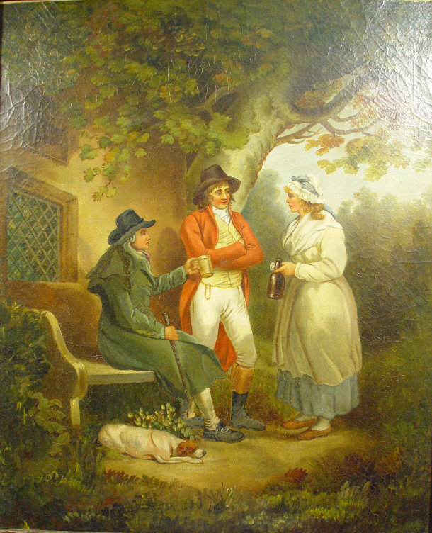 Appraisal: Unsigned oil onto canvas of figures drinking beneath a tree