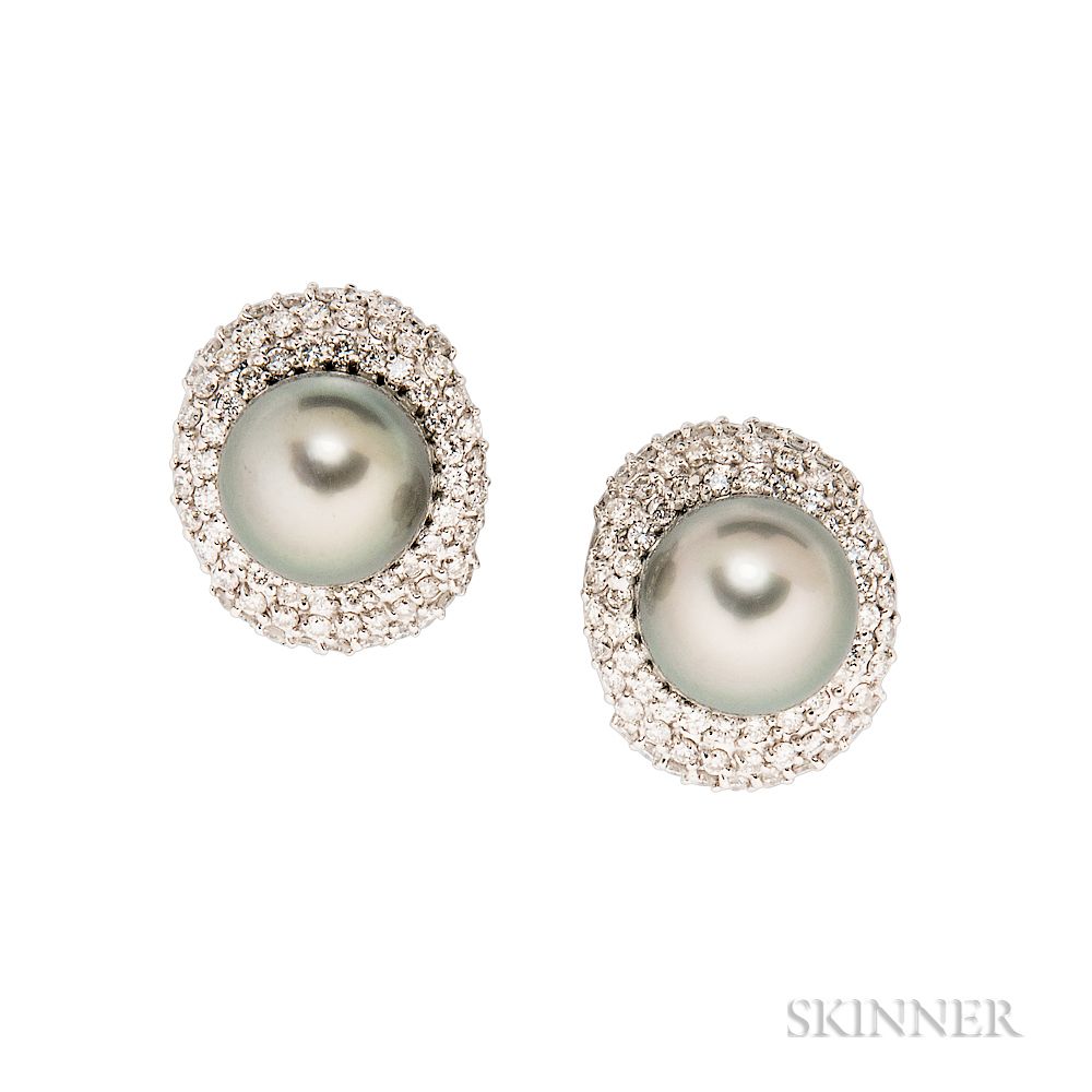 Appraisal: kt White Gold Tahitian Pearl and Diamond Earclips kt White