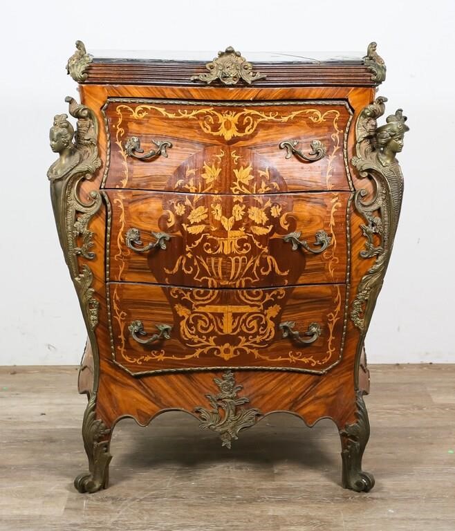 Appraisal: Louis XV style marble top figural bombe commode Continental early