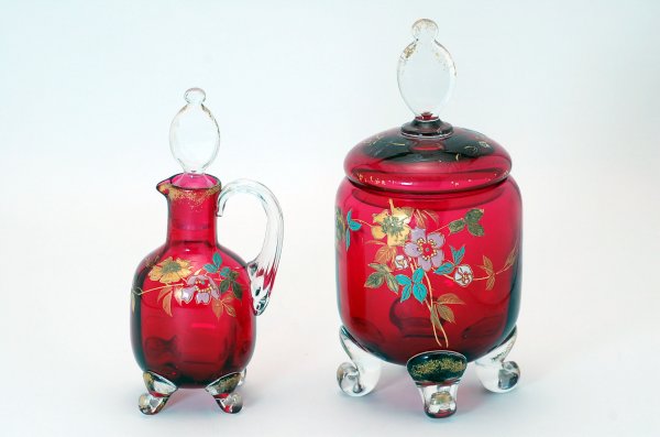 Appraisal: Bohemian two-piece condiment set of stoppered cruet and covered mustard