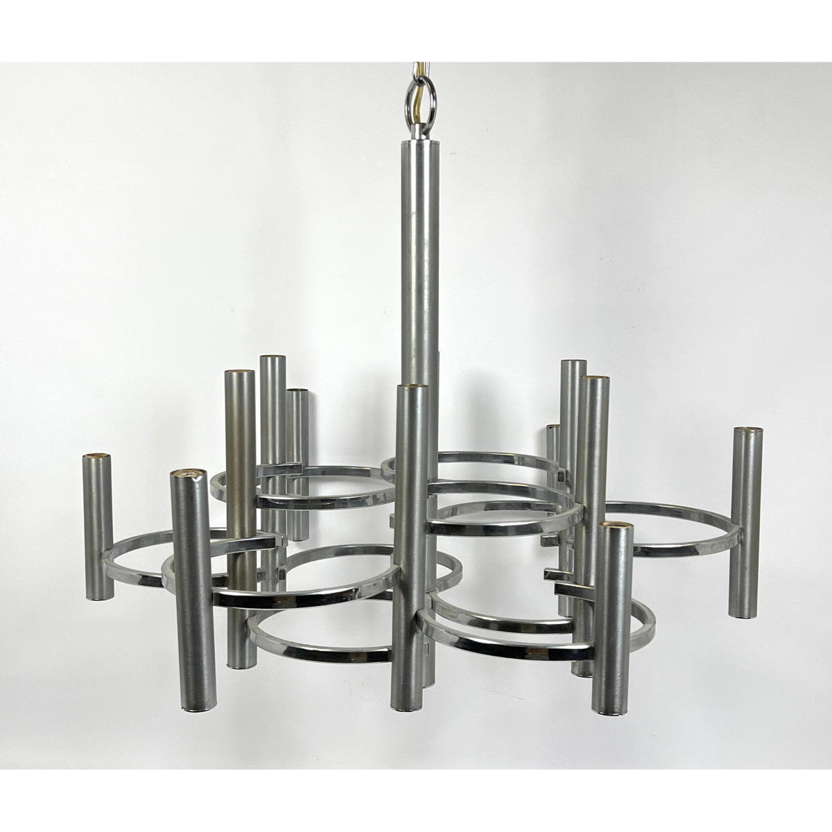 Appraisal: Modernist Chrome GAETANO SCIOLARI Chandelier Chrome Loops support Stainless Candle