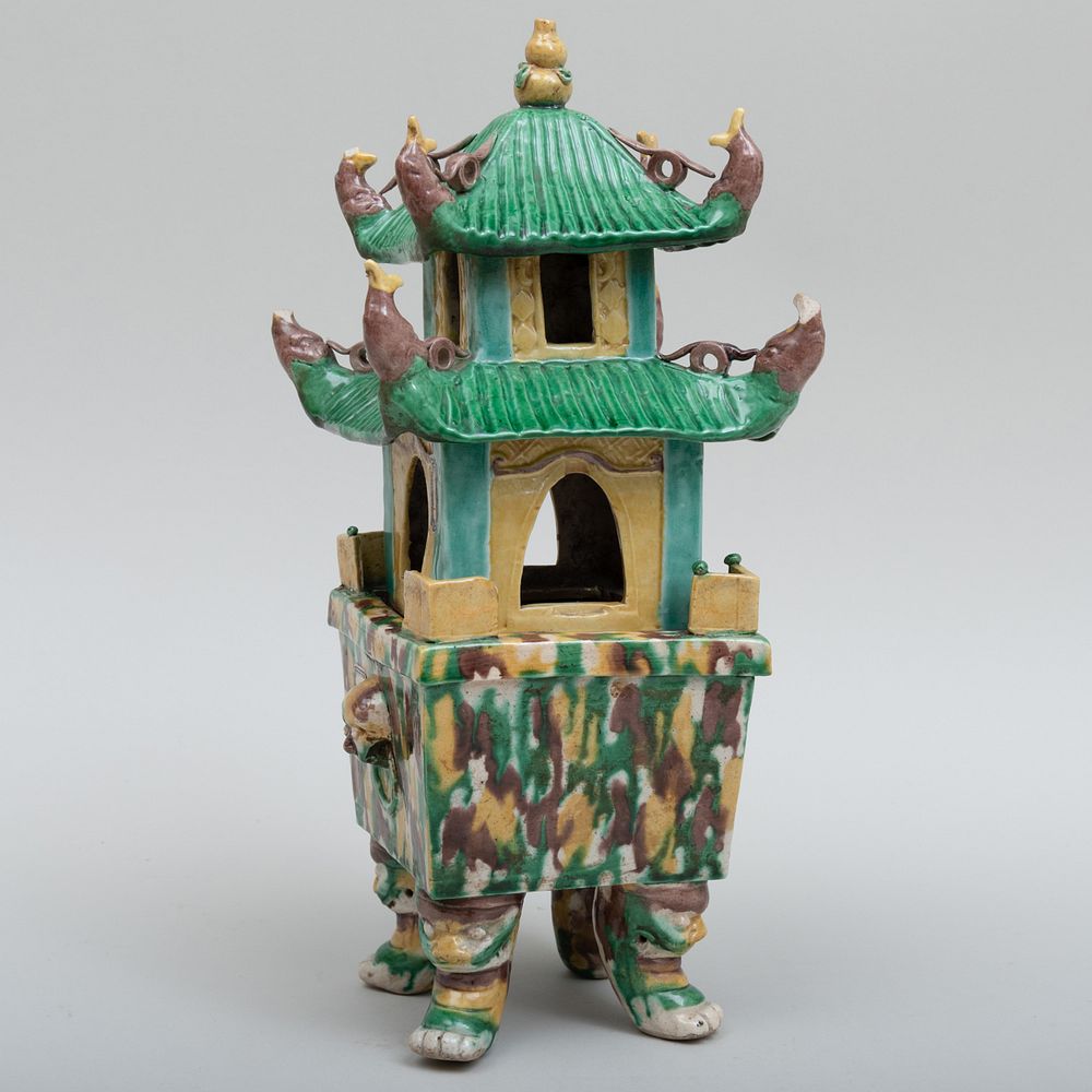 Appraisal: Chinese Tang Style Green Ochre and Aubergine Glazed Porcelain Model