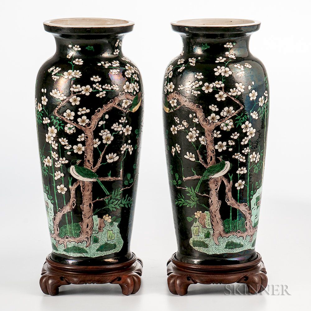 Appraisal: Pair of Famille Noire Vases Pair of Famille Noire Vases