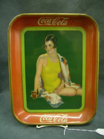 Appraisal: Original Coke tray Bather in yellow suit holding glass of