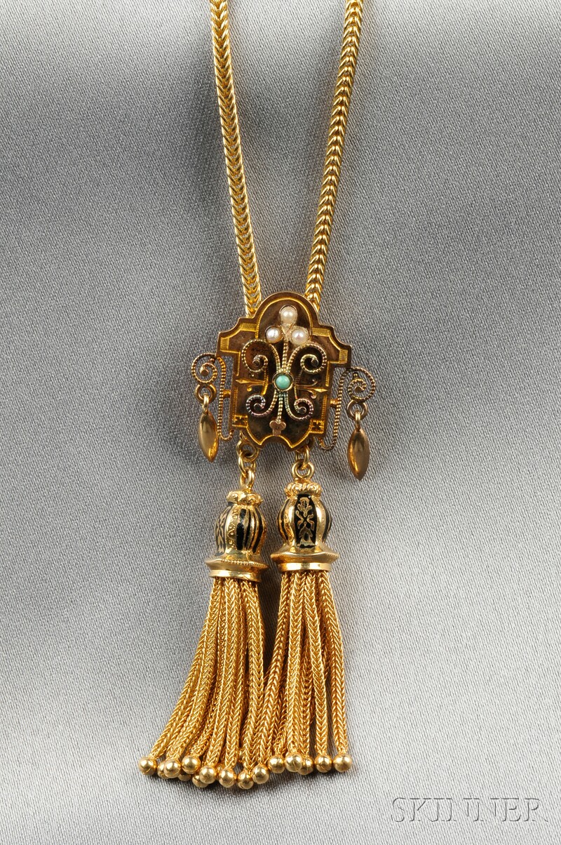 Appraisal: kt Gold Enamel and Gem-set Tassel Necklace the shaped plaque