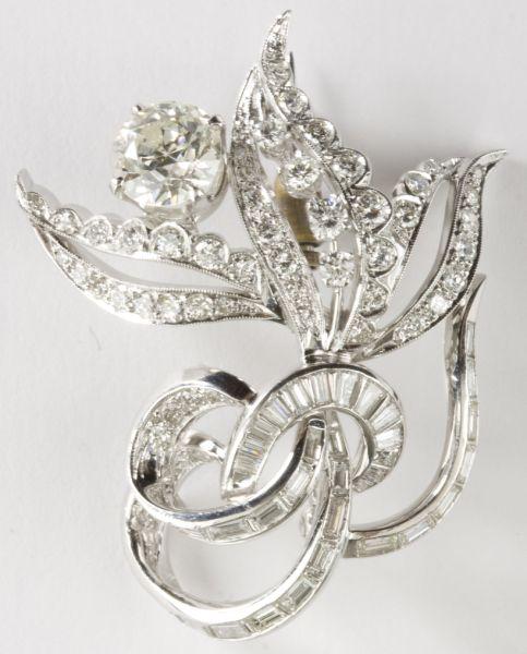 Appraisal: KT White Gold Diamond Brooch circa in floral spray design