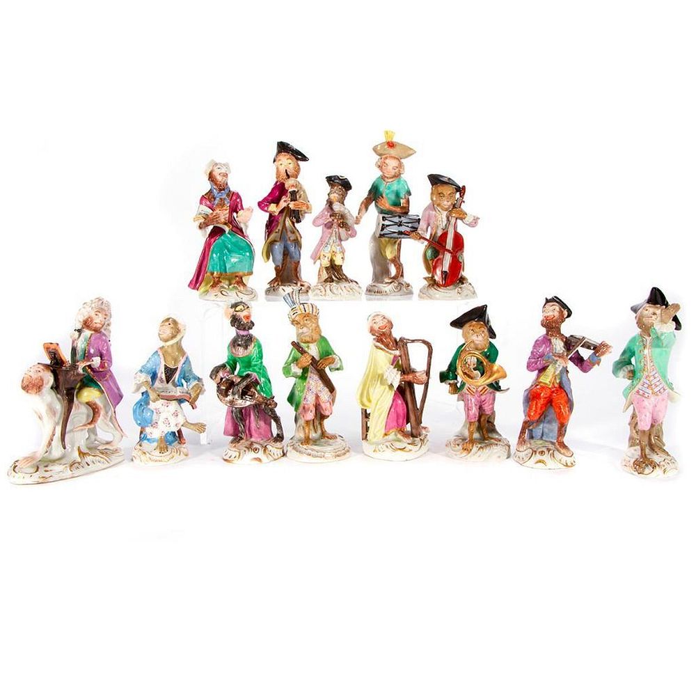 Appraisal: Thirteen piece porcelain monkey band A thirteen piece Meissen and