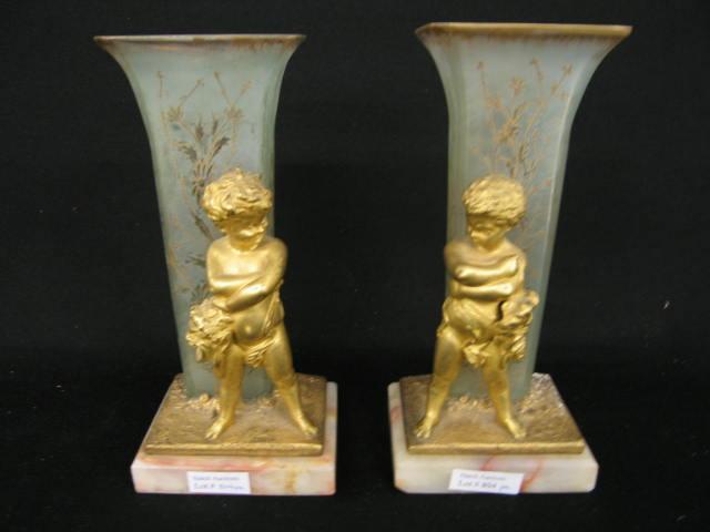 Appraisal: L Kley French Bronze Art Glass Vases children with dore