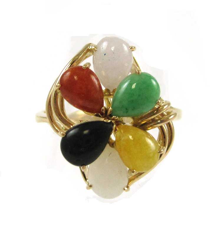 Appraisal: MULTI COLOR JADE AND FOURTEEN KARAT GOLD RING set with