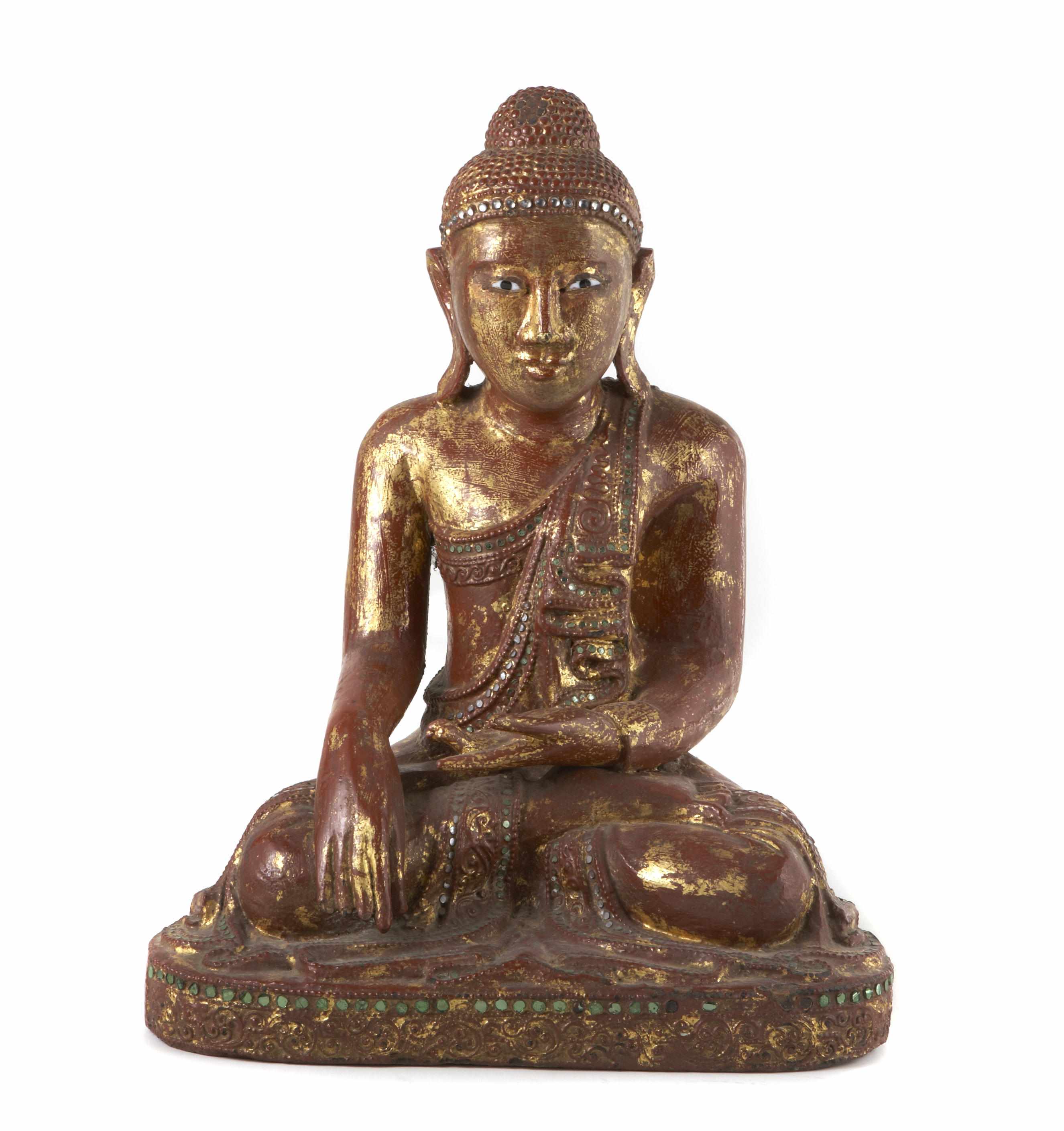 Appraisal: A late Burmese dark red and gold lacquered wood seated