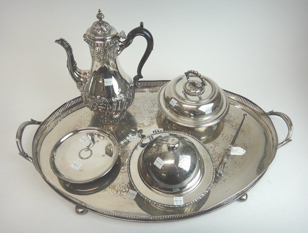 Appraisal: Plated wares comprising an oval twin handled gallery tray a