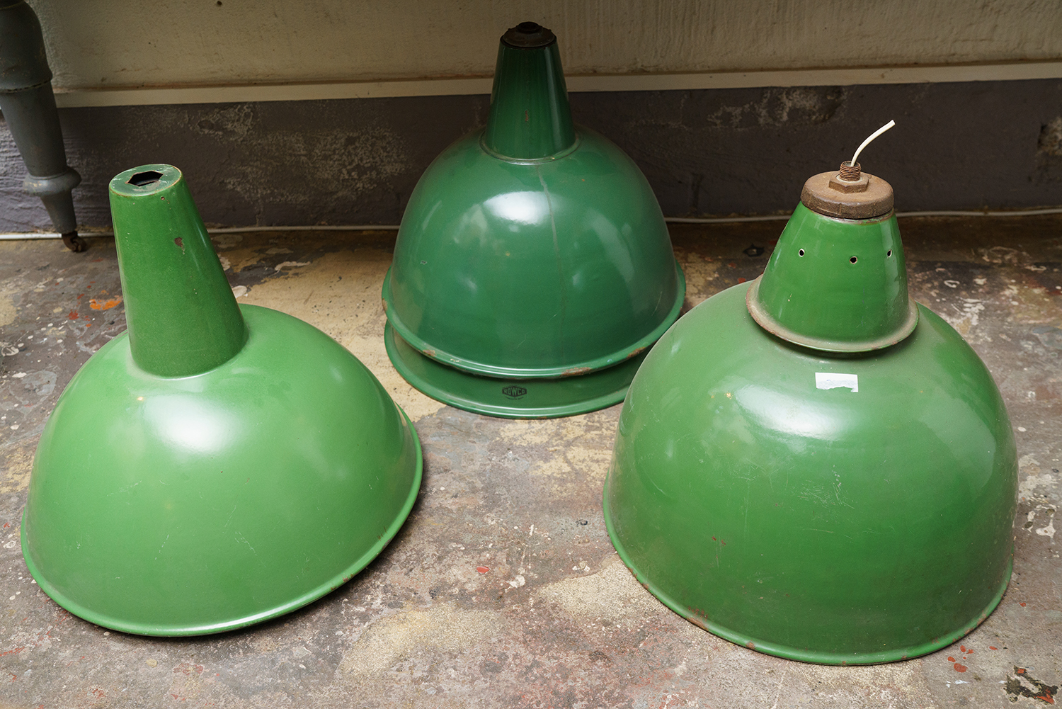 Appraisal: SIX 'ROWCO' INDUSTRIAL CEILING LIGHTS Varying sizes Green enamel h