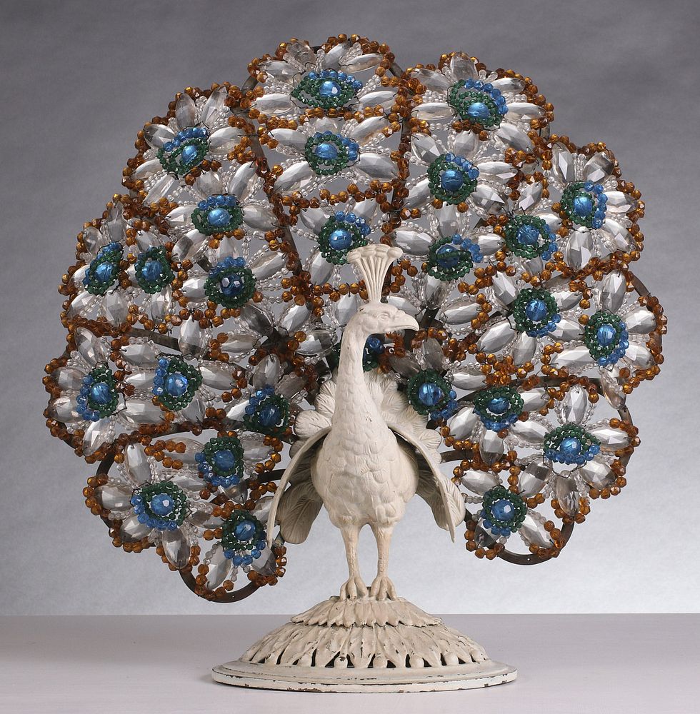 Appraisal: A BRASS PEACOCK LAMP WITH CZECH POLISHED GLASS BEADS The