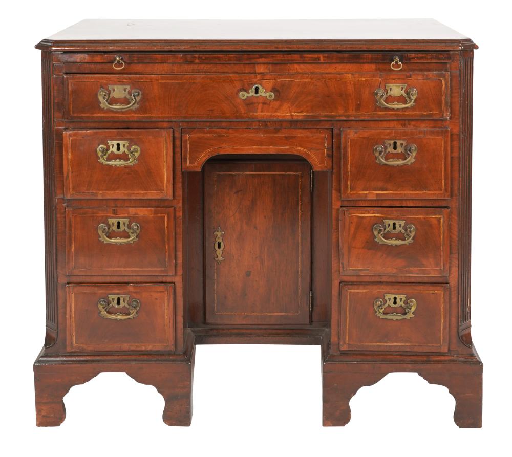 Appraisal: GEORGE II INLAID MAHOGANY KNEEHOLE DESKthe string-banded rectangular top with