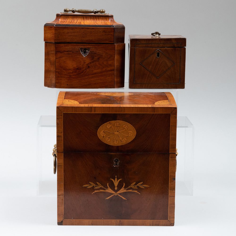 Appraisal: George III Mahogany and Ebonised Wood Tea Caddy with Two