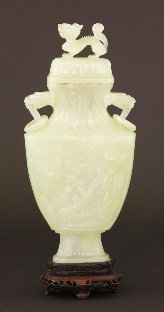 Appraisal: - Chinese Covered Vase Hardstone Chinese covered vase carved hardstone