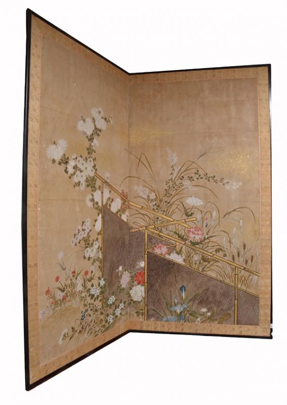 Appraisal: A JAPANESE BI-FOLD SCREEN TH CENTURY ink colour and gold