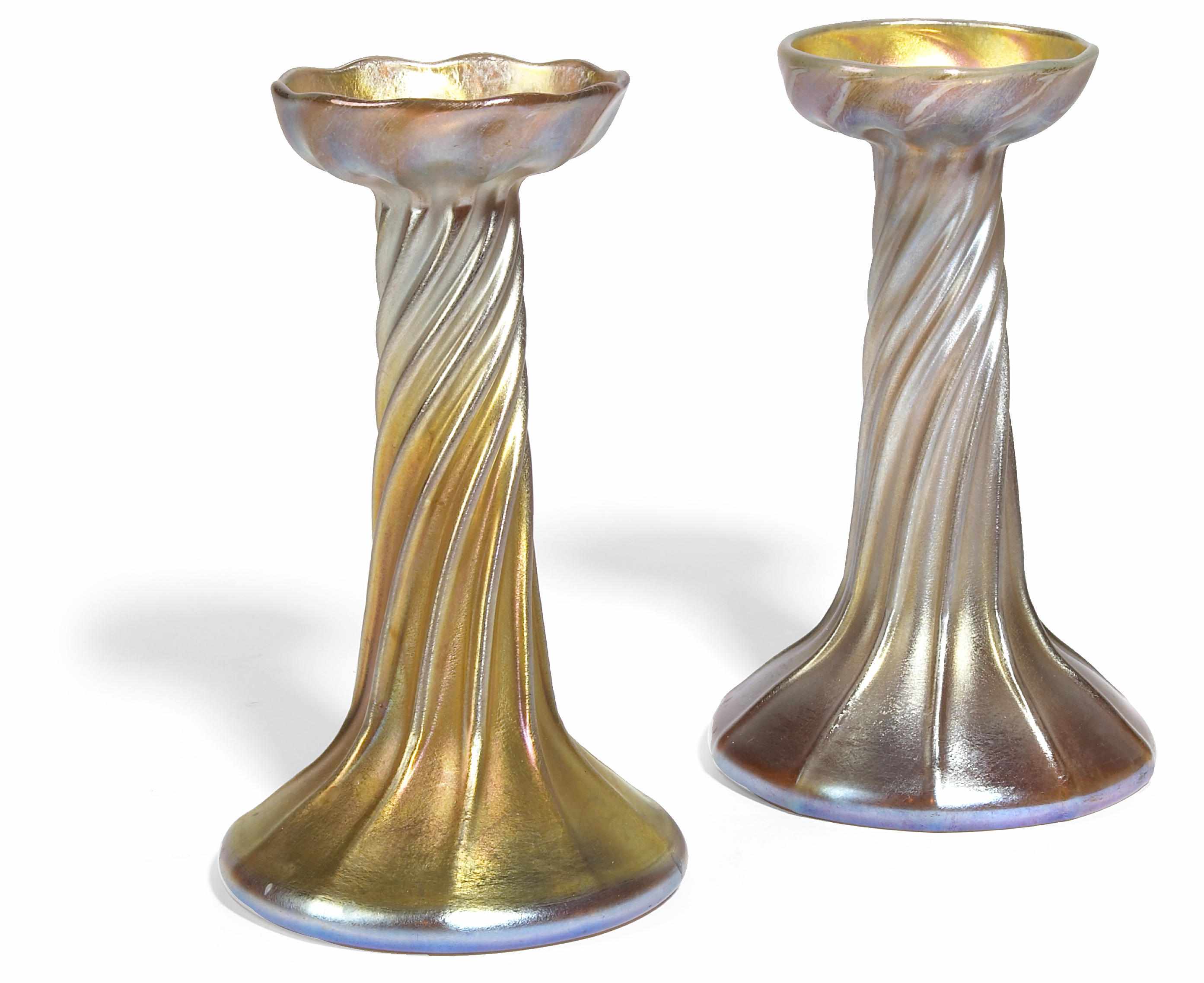 Appraisal: A pair of Tiffany Studios Favrile glass candlesticks circa circa