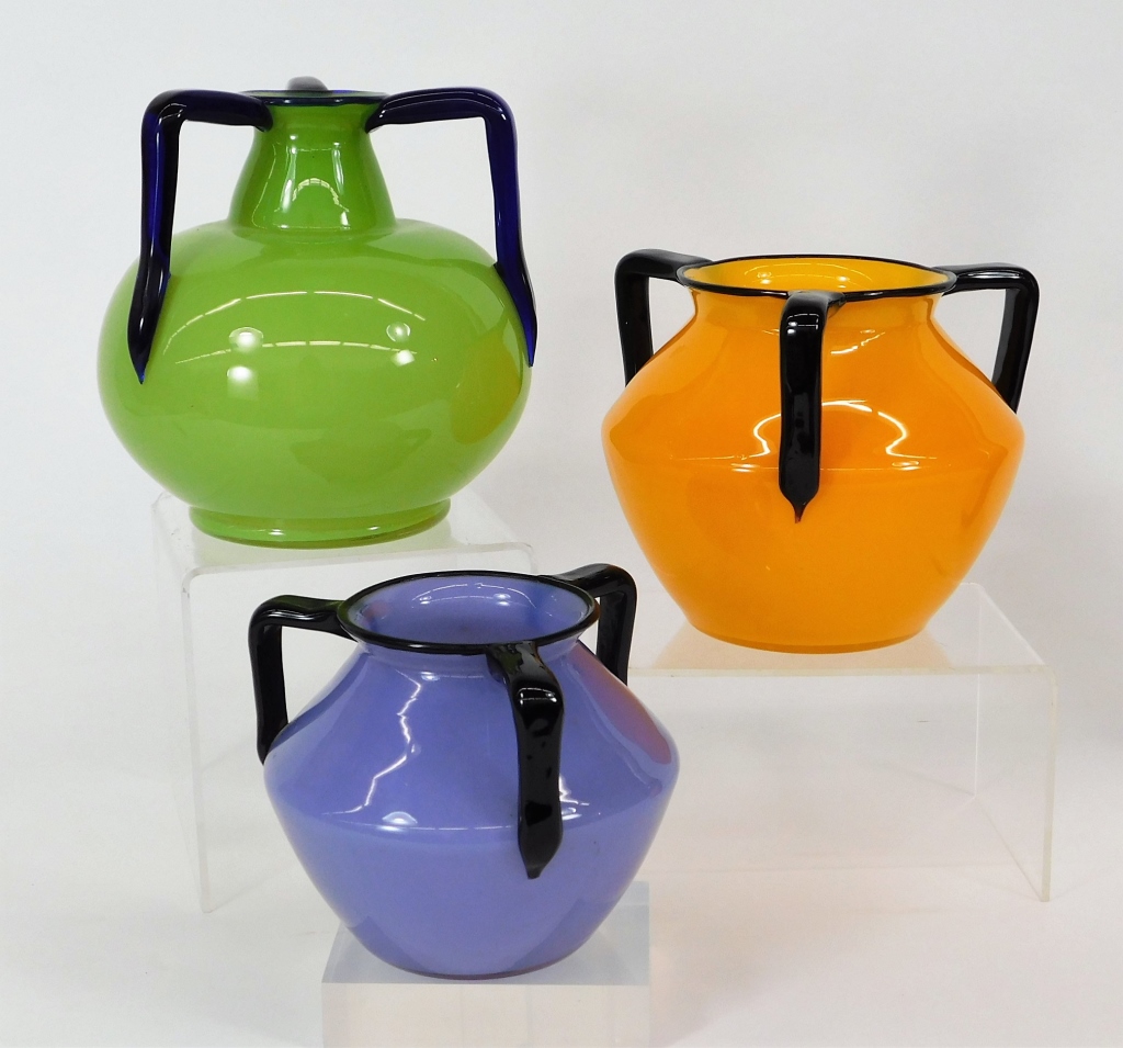 Appraisal: MICHAEL POLOWNY LOETZ TANGO THREE HANDLED VASES Austria Czechoslovakia -