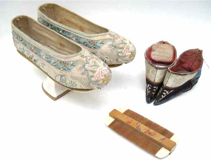 Appraisal: TWO PAIR CHINESE SHOES PLUS A BAMBOO CARVED HAIR COMB